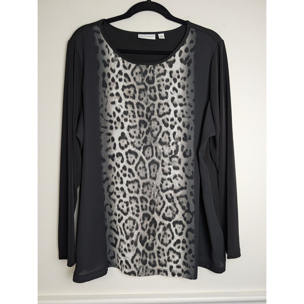 Susan Graver Liquid Knit Tunic Top 1X Black Leopard Print Sheer Panels